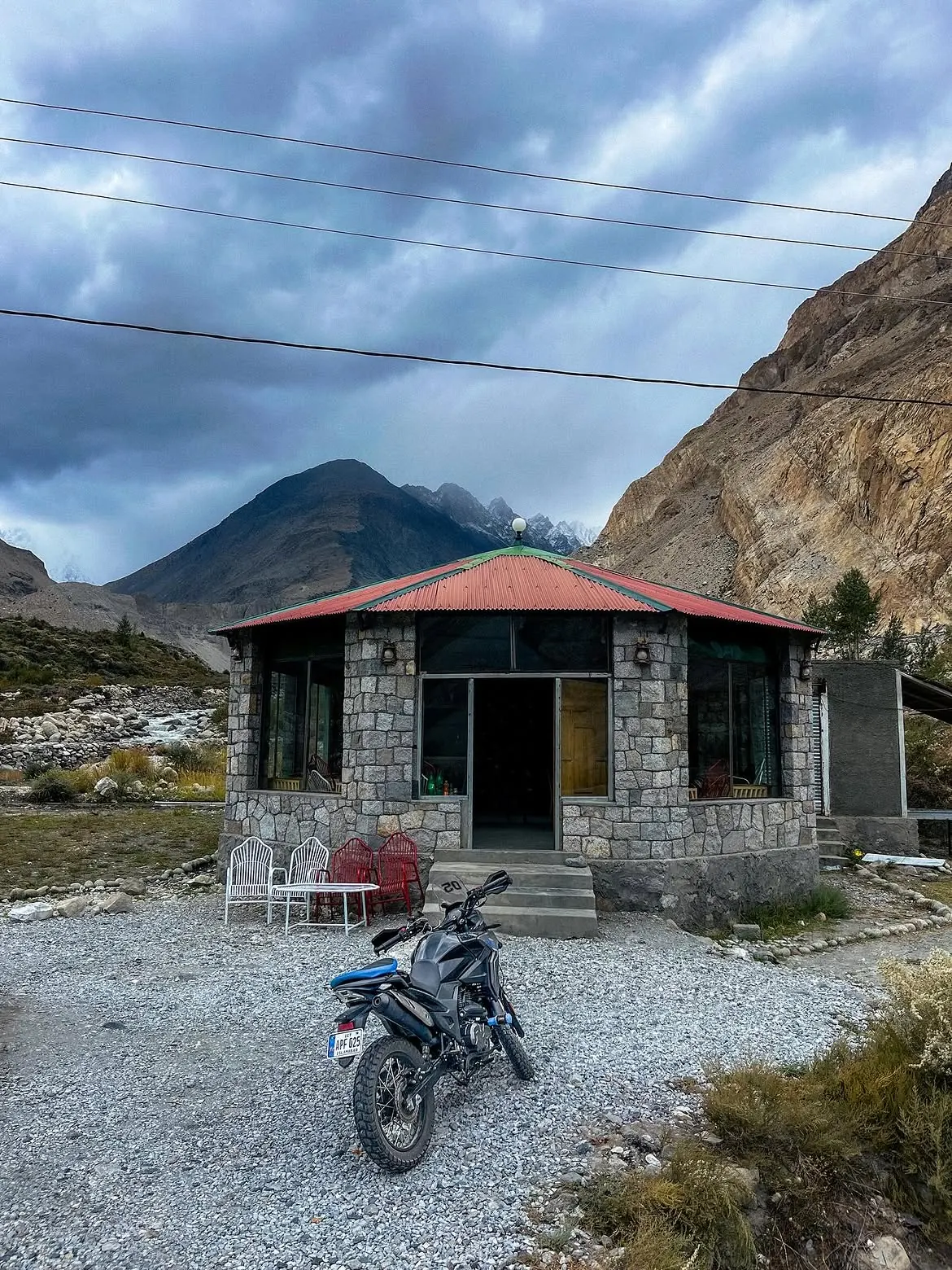 Motorcycle outside a mountain guesthouse