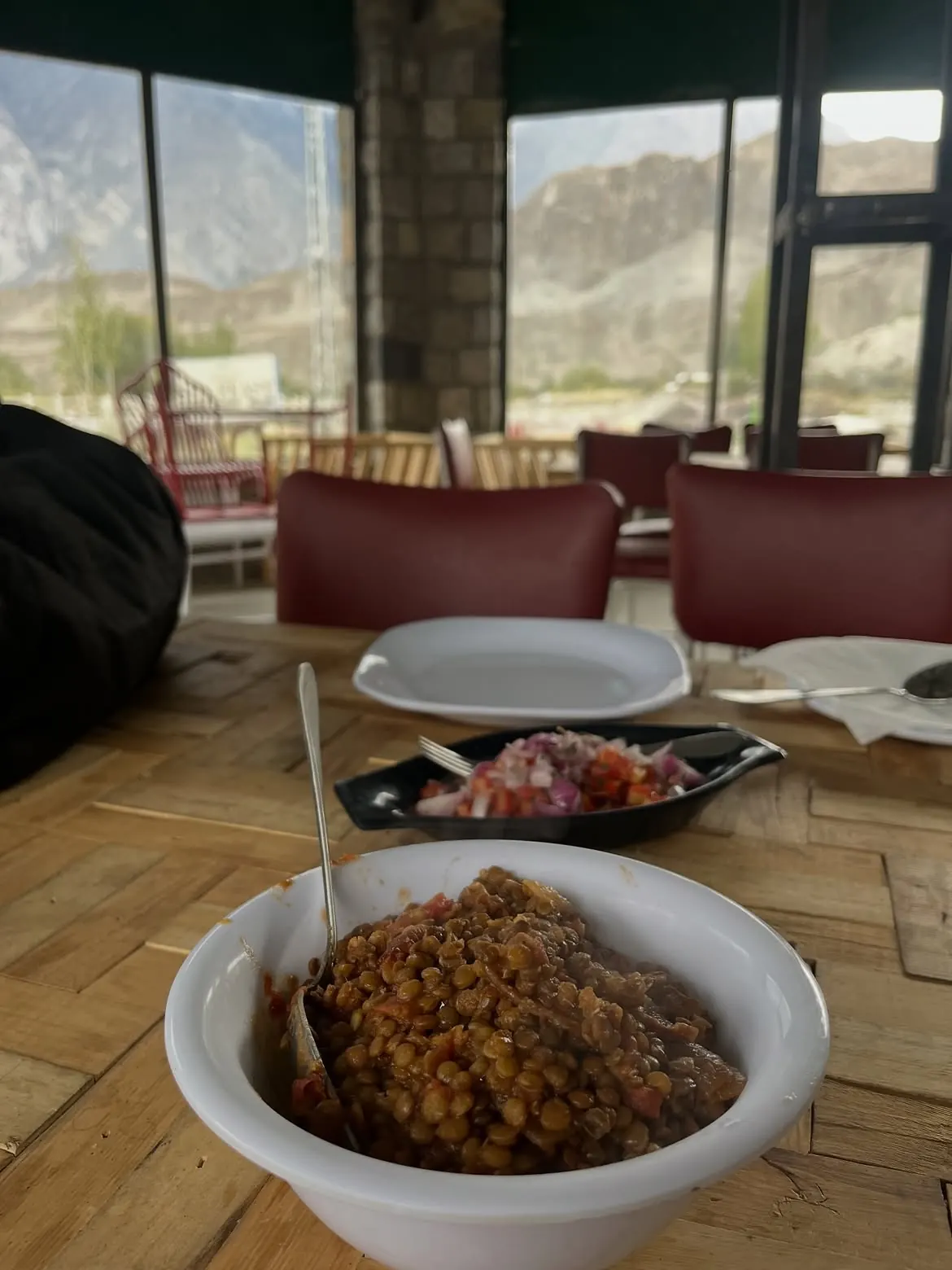 Meal at a mountain stop during a motorcycle journey
